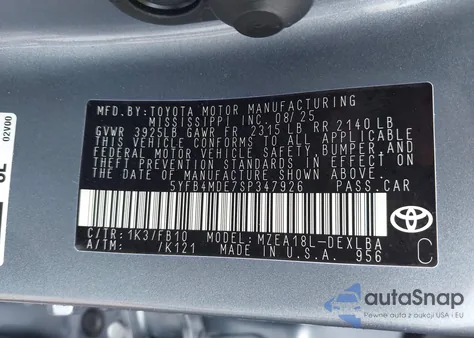 2025 Toyota Corolla Le z USA, uszkodzony, nr VIN 5YFB4MDE7SP347926